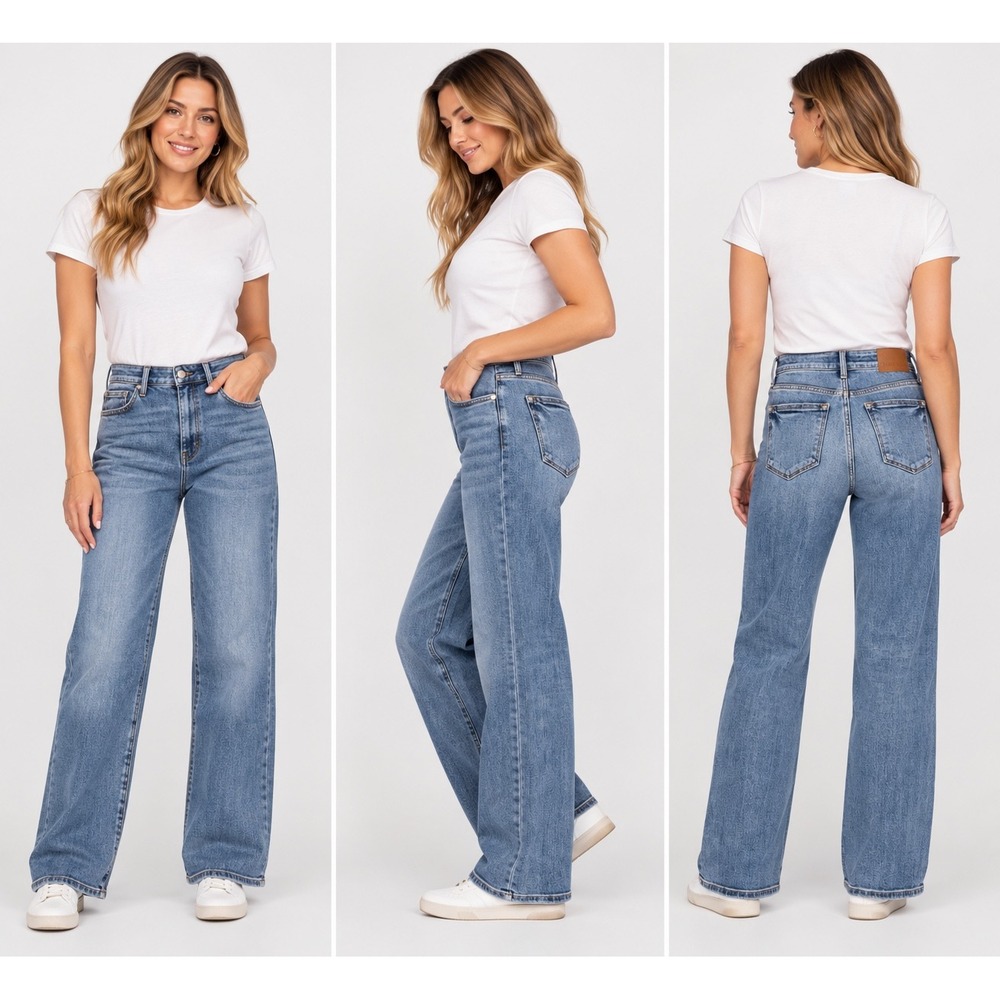 Judy Blue Wide Leg Jeans Medium Wash High Rise JB82514MD Sz 7/28 Straight Denim